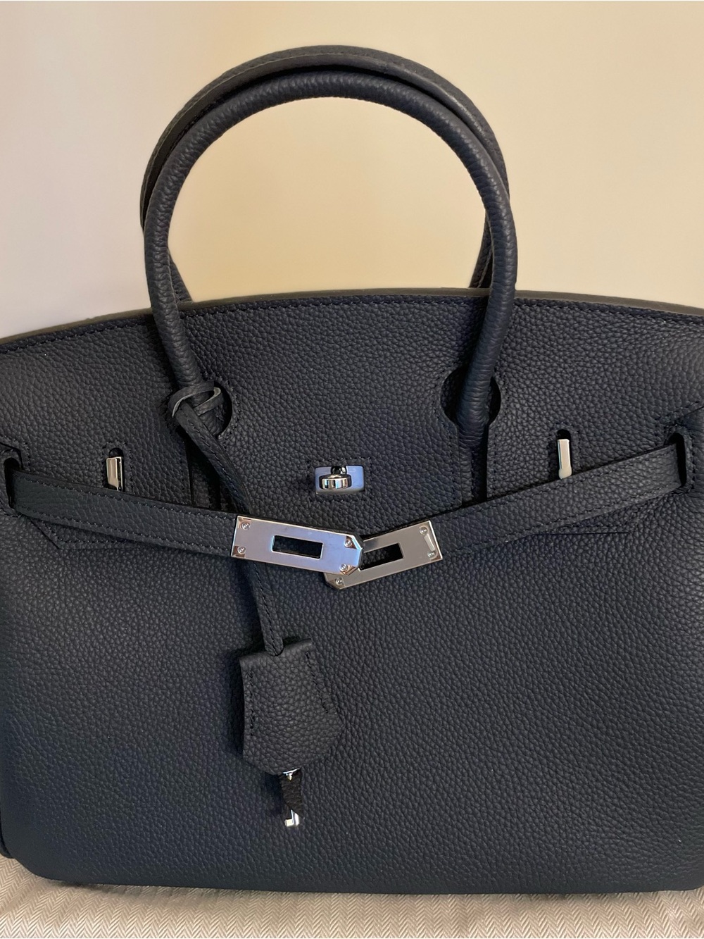 30cm Structured Midnight Blue Togo Leather Satchel with Silver Hardware
